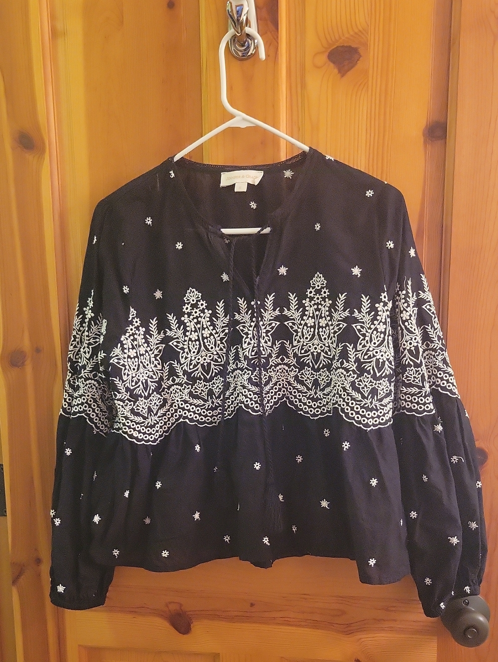 Black Cropped Peasant Top with White Embroidery